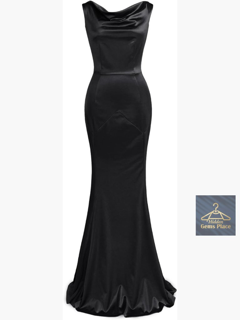 Satin Mermaid Formal Evening Gown Sleeveless Cowl Neck Maxi Dress
